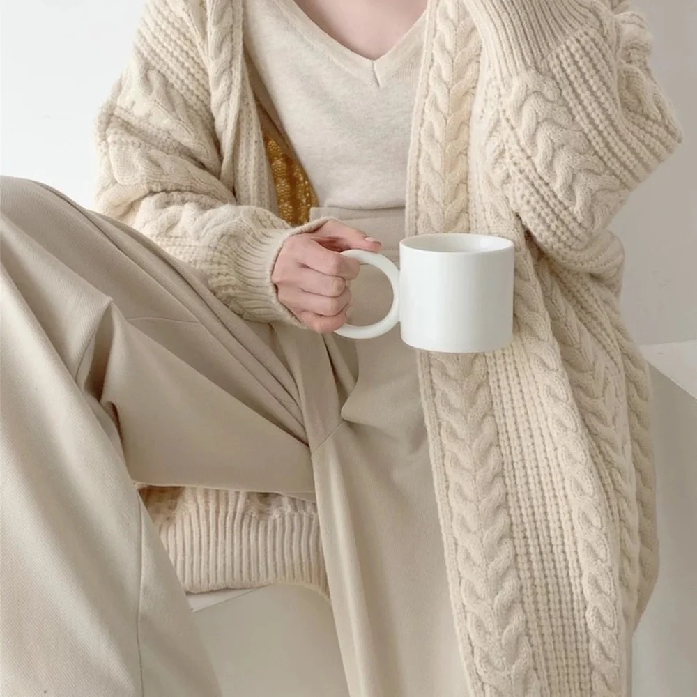 Twist cardigan sweater cable knit cream beige womens knit long sleeve - Picture 4 of 11